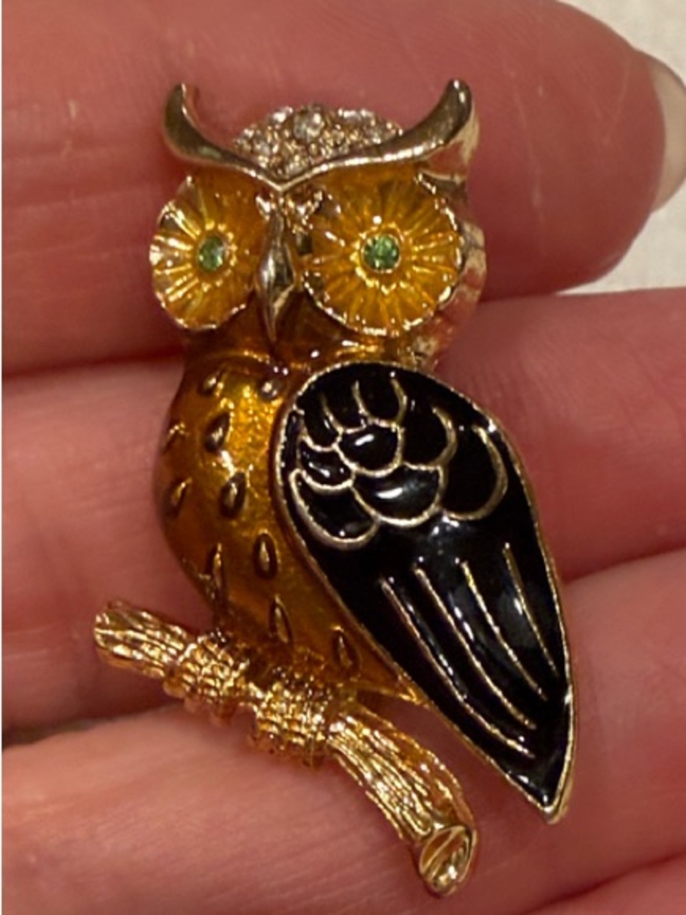 Talbots Gold and Black Owl Brooch with Green Eyes